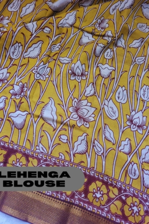 Alternative view of Kalamkari Silk Unstitched Lehenga Fabric 3pcs Set - Yellow