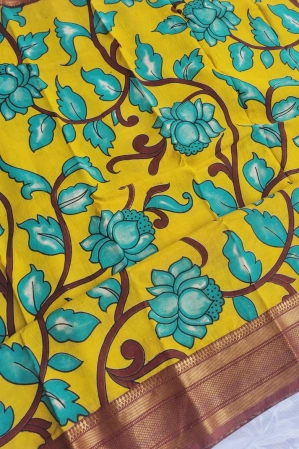 Alternative view of Bright Yellow Kanchi Border Kalamkari Screen Printed Chennur Silk saree - Banthi