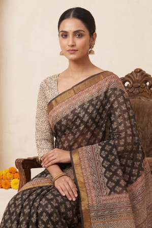 Kota Cotton Saree with Bagru Block Print-Black