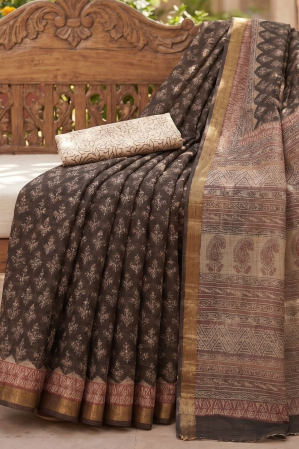 Alternative view of Kota Cotton Saree with Bagru Block Print-Black