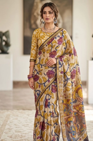 Kalamkari Kota Cotton Saree - Mustard Yellow