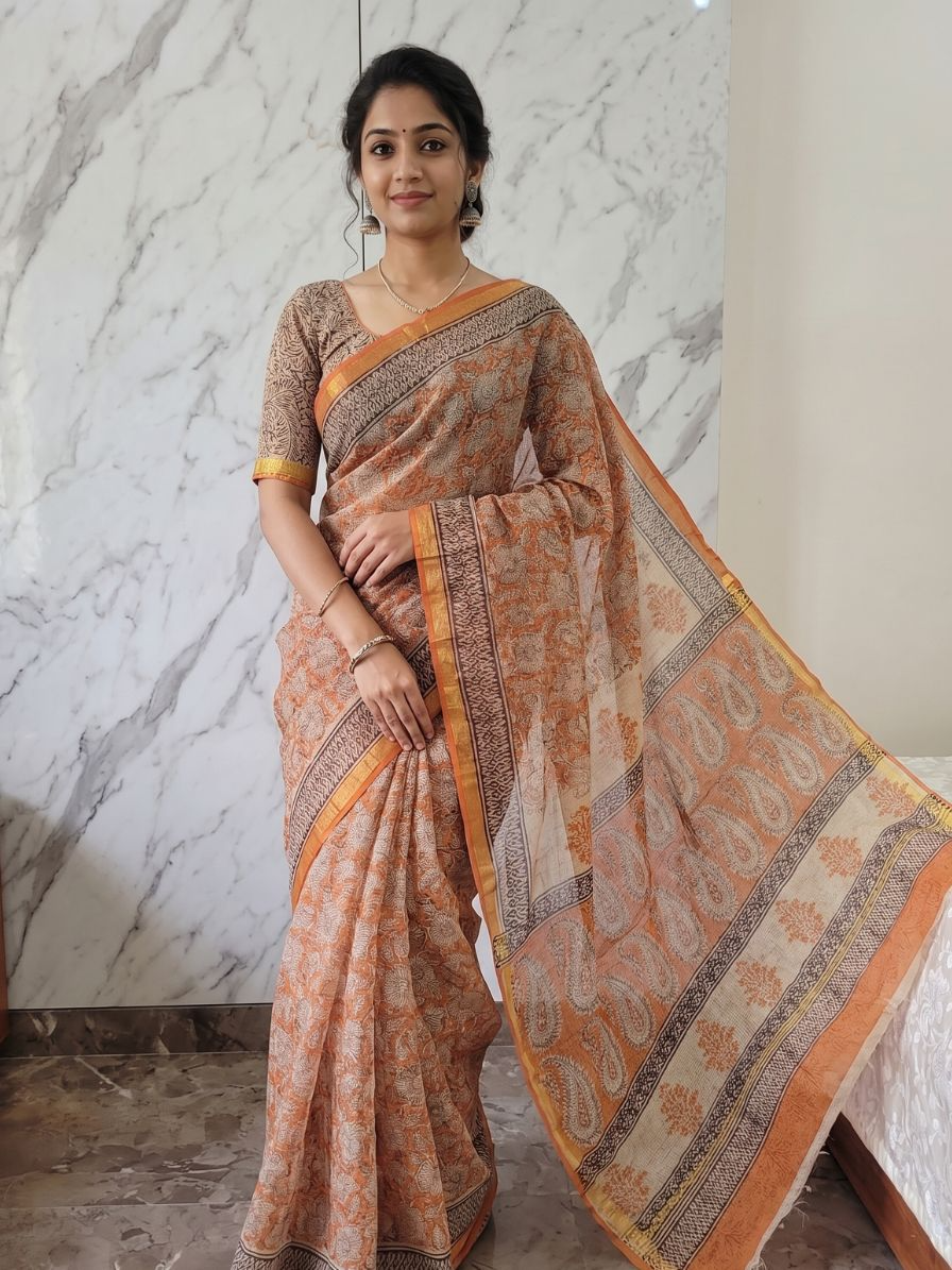 Sanganeri Block Printed Kota Cotton Saree - Image 2