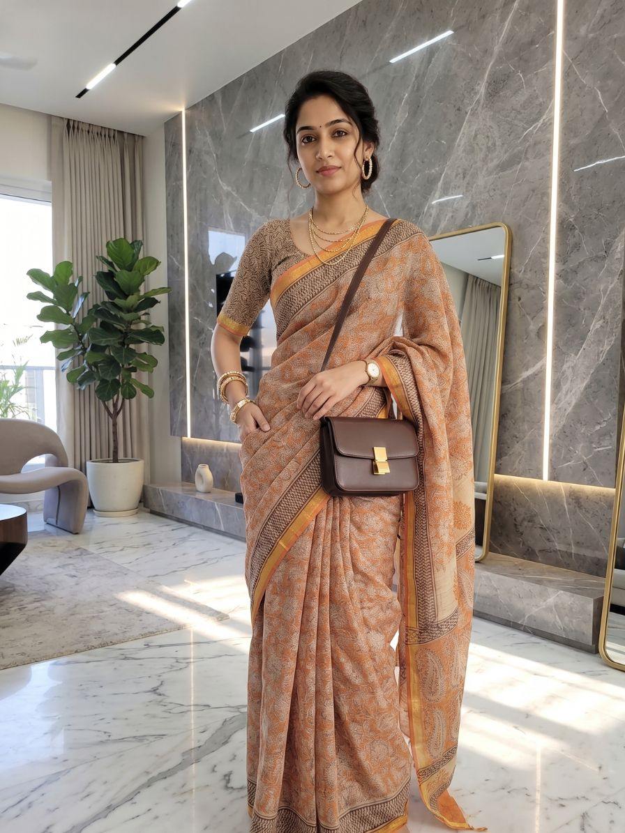 Sanganeri Block Printed Kota Cotton Saree - Image 3