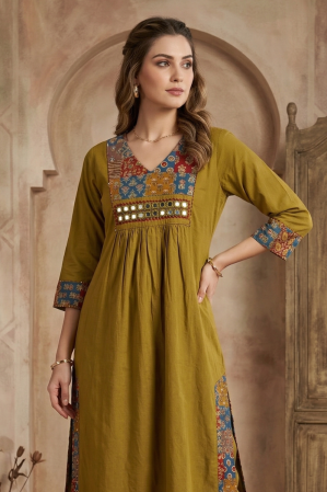 Ajrakh Patch work cotton Kurta set - Mirror Work