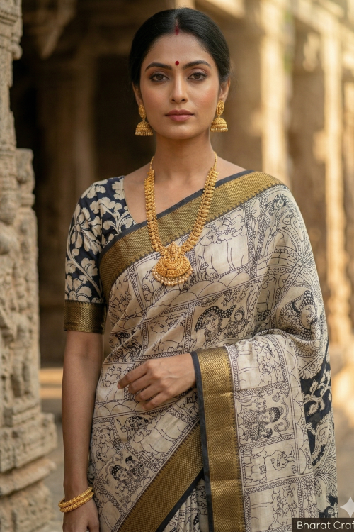 Kalamkari Mangalagiri silk Kanchi border saree- Krishna Leela