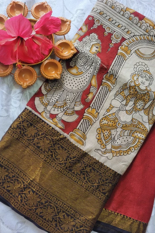 Kalamkari Chennur silk 7 Inch Kanjivaram border saree - Gatha