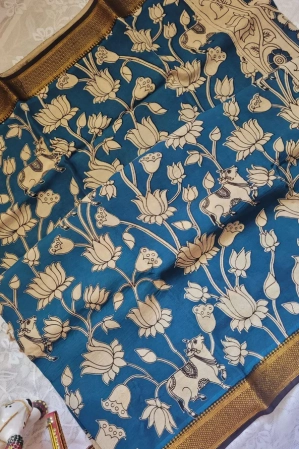 Alternative view of Kalamkari Nizam Border Shyam Blue Floral Printed Saree