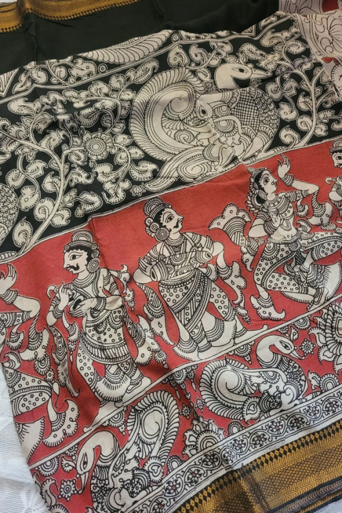 Alternative view of Kalamkari zari border Chennur Silk Saree - Ramayan