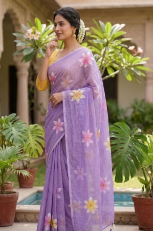 Alternative view of Mul cotton Lavender embroidery saree - Brush paint