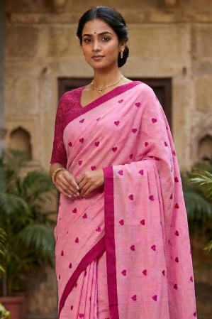Mul khadi saree with heart embroidery - Pink
