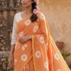 Mul khadi saree with flower brush paint - orange
