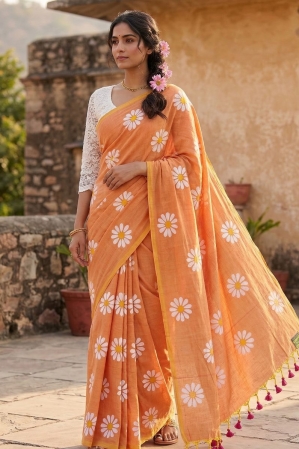 Alternative view of Mul khadi saree with flower brush paint - orange