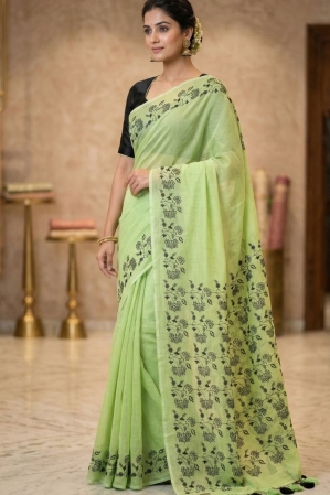 Alternative view of Mul Cotton Saree with Allover Embroidery - Mint green