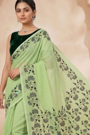 Mul Cotton Saree with Allover Embroidery - Mint green