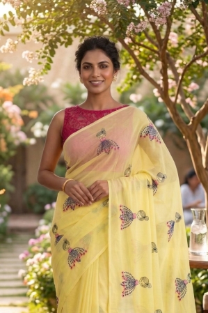 Mul Cotton Saree with Allover Embroidery - Lemon Yellow