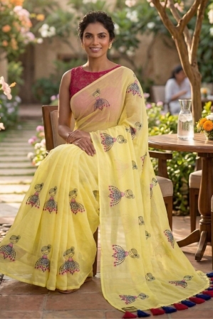 Alternative view of Mul Cotton Saree with Allover Embroidery - Lemon Yellow
