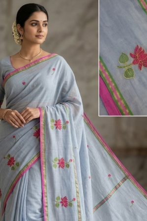 Mul Cotton Saree with Allover Embroidery - pale lavender