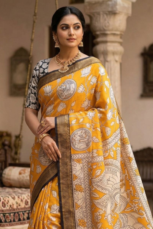 Kalamkari Nizam Border Mustard Yellow Elephant Circle - Banti