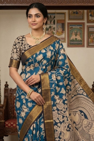 Kalamkari Nizam Border Shyam Blue Floral Printed Saree