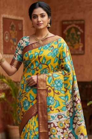 Bright Yellow Kanchi Border Kalamkari Screen Printed Chennur Silk saree - Banthi
