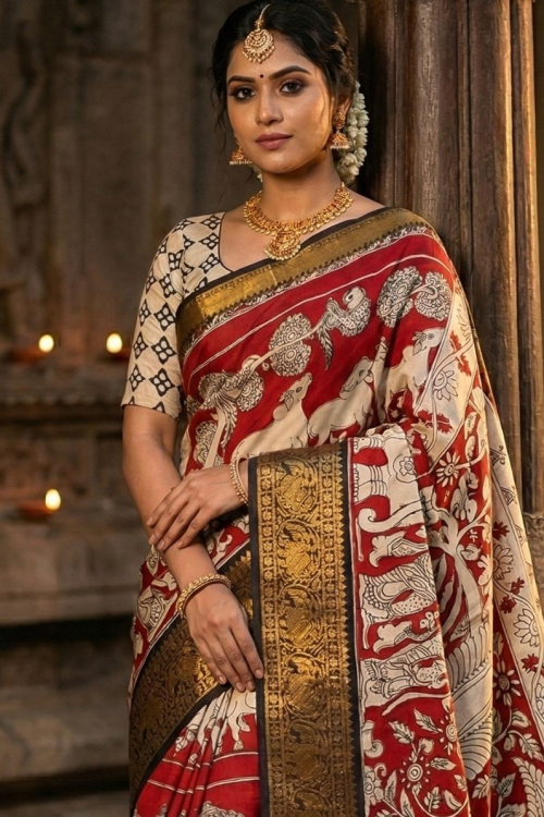 Kalamkari Chennur silk 7 Inch Kanchi border saree - Red Gatha