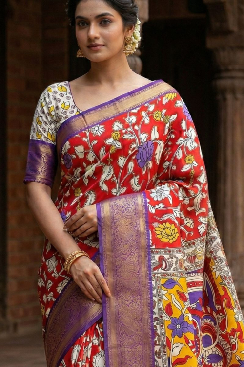 Kalamkari Chennur silk 7 Inch Kanchi border saree - Red & Purple