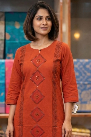 Rust orange Block printed Cotton Kurta
